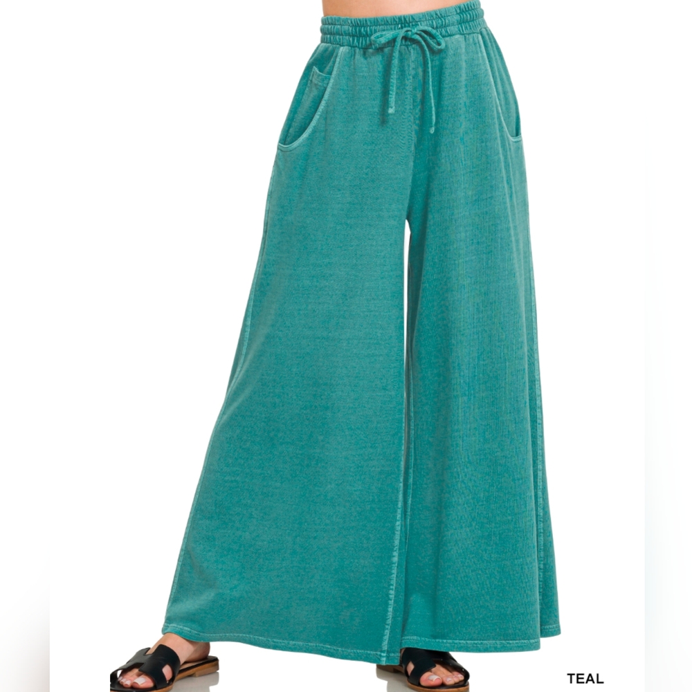 Zenana French Terry Pigment Dyed and Enzyme Washed Pants, Teal